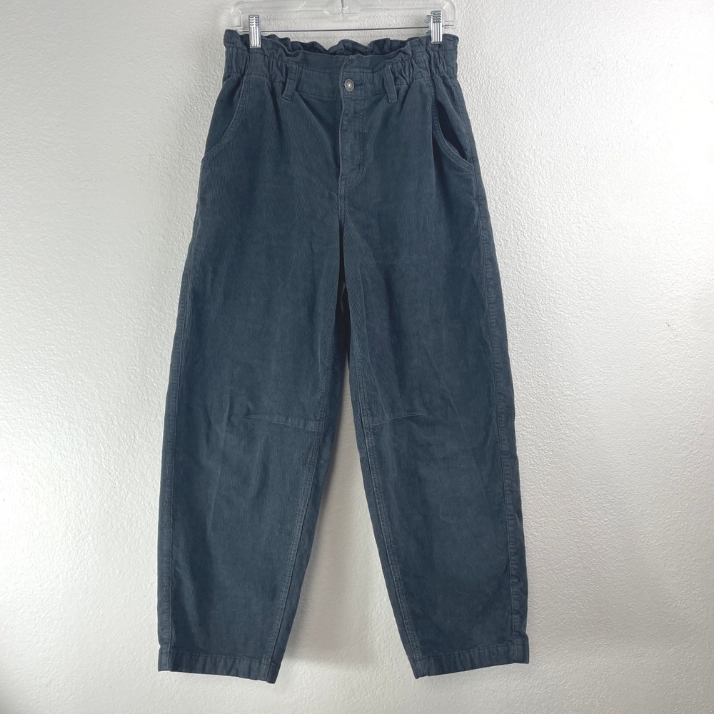 American Eagle Barrel Pants Women 4 Blue Corduroy Paperbag Waist Stretch Regular
